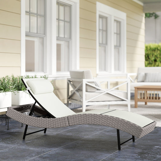 Outsunny Rattan Sun Lounger, Garden Recliner with 5 Position Adjustable Back, S Shaped Texteline Seat, Headrest, Cream White