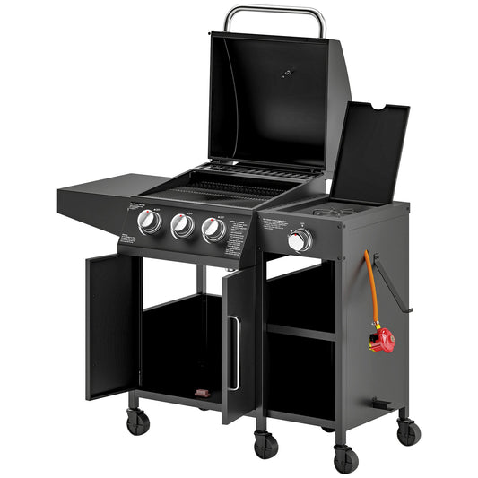Outsunny 3+1 Burner Gas BBQ Grill with Storage Cabinet and Shelves, 11.6 kW Gas Barbecue Trolley with 6 Castor Wheels, Warming Rack, Thermometer for Outdoor Cooking Garden Party, Black