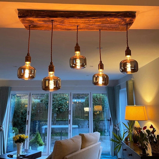 Flush Mount Wooden Beam Chandelier | Low Ceiling Kitchen & Dining Lighting UK