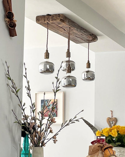 Flush Mount Wooden Beam Chandelier | Low Ceiling Kitchen & Dining Lighting UK