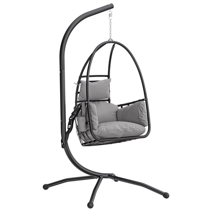 Outsunny Hanging Egg Chair, Indoor Outdoor Swinging Hammock Chair with Stand, Foldable Basket, Side Pocket, Dark Grey