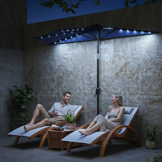 Outsunny 2.6 m Half Garden Parasol with Solar LED Lights, UPF50+ Semi Round Umbrella with 30° Tilt, Crank Handle, Dark Blue