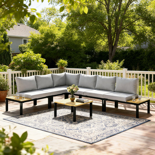 Outsunny Garden Furniture Set, 6 Piece Corner Sofa Set with Loveseat, Coffee Table, Sofa with Integrated Side Table