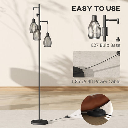 HOMCOM 3-Light LED Floor Lamp, 170cm Industrial Dimmable Standing Lamp with Steel Wire Cage Lampshades, 2700K for Living Room, Bedroom, Dining Room, Study, Black
