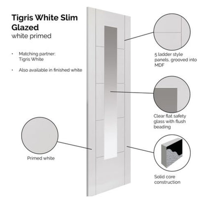 JB Kind Tigris White Primed Slim Glazed Internal Door - All Sizes