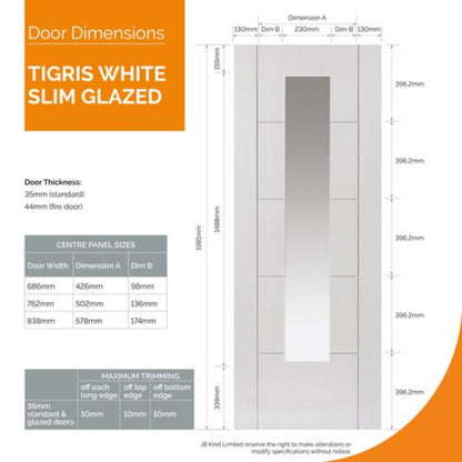 JB Kind Tigris White Primed Slim Glazed Internal Door - All Sizes