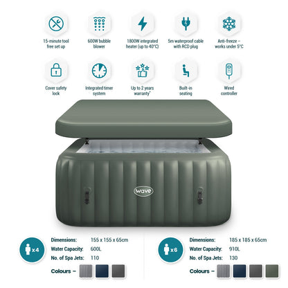 WaveSpa Pacific Inflatable Hot Tub with Integrated Heater – 4–6 Person
