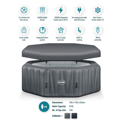 WaveSpa Aegean Inflatable Hot Tub with Integrated Heater – 4–6 Person