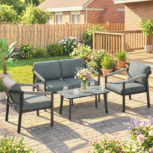 Outsunny Aluminium Garden Furniture Set, 4 Seater Outdoor Patio Furniture with Loveseat, 2 Armchairs, Slatted Table