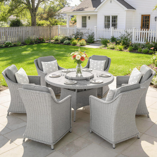 Outsunny Rattan Garden Dining Set with Turntable, Marble Effect Glass Round Garden Table and Chairs with Aluminium Frame, Grey