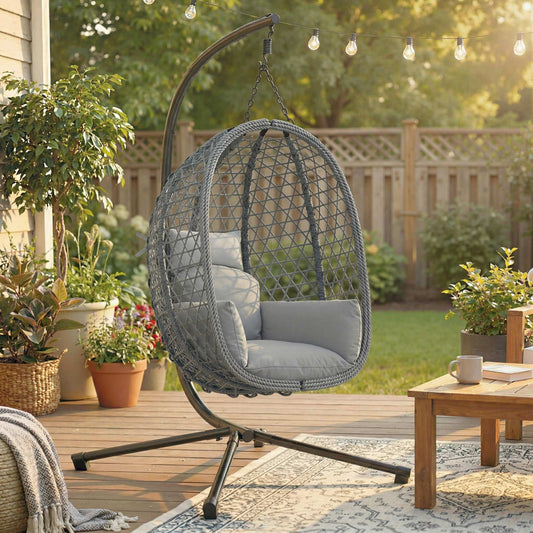 Outsunny Hanging Egg Chair, Indoor Outdoor Rattan Hammock Swing Chair with Stand, Safety Strap, Foldable Basket, Dark Grey