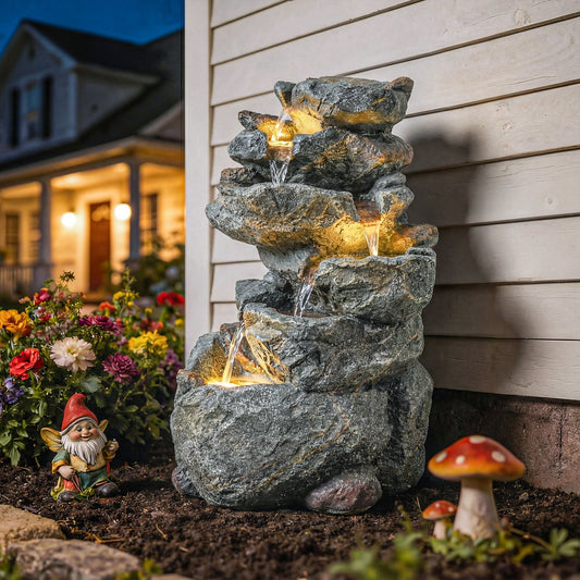 Outsunny Outdoor Water Fountain with 6-Tier Rock Style, Cascading Waterfall Feature with LED Lights, Adjustable Flow, Grey