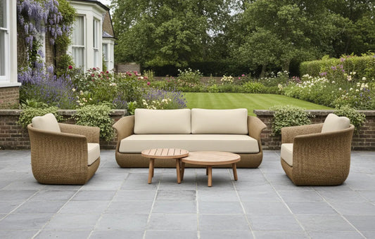 Linden Rattan 5-Seater Outdoor Sofa & Armchair Set with Teak Coffee Tables - MINT Outdoor Outdoor Sofa Set