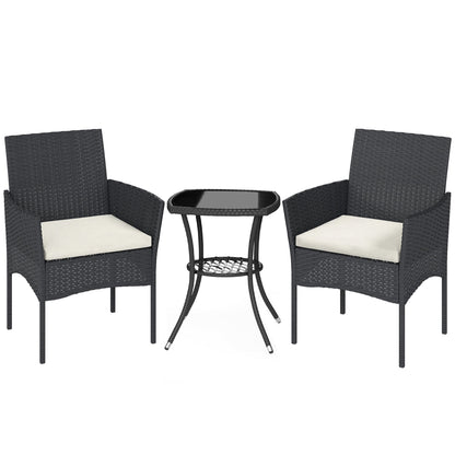 Outsunny 3 Piece Rattan Bistro Set, PE Wicker Garden Furniture Conversation Set with 2 Tier Glass-Top Table, Chairs, Cream White