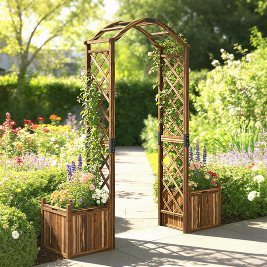 Outsunny Wooden Garden Arch with 2 Planter Boxes, Outdoor Rose Arch Trellis for Climbing Vines, Carbonised
