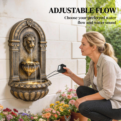 Outsunny Wall-Mounted Water Fountain, 3-Tier Cascading Waterfall with LED Lights and Adjustable Flow for Patio, Rustic Brown