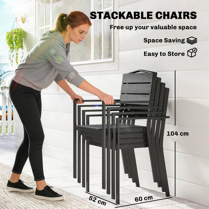 Outsunny Stackable Garden Chairs Set of 4, Garden Dining Chairs with Slatted HDPE Seat Back, Armrests, Metal Frame, Black