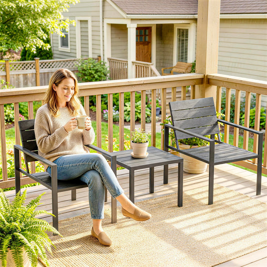 Outsunny 3 Pieces Garden Bistro Set for 2, Outdoor Bistro Table and Chairs with Metal Frame, Plastic Patio Furniture Set