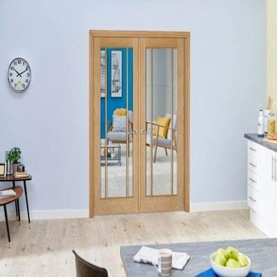 Oak Lincoln 3 Glazed Clear Light Panel Un-Finished Internal French Doors - 1981mm x 1168mm - LPD Doors