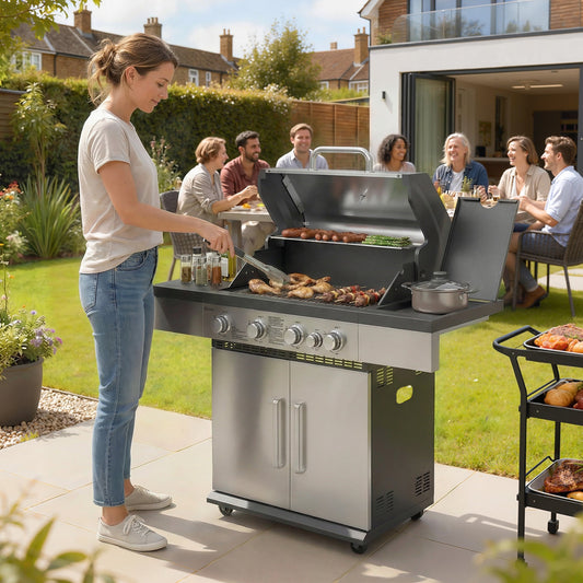 Outsunny 4+1 Burner Gas BBQ Grill, Portable Gas Barbecue Grill with Side Burner, Warming Rack, Side Shelf, Storage Cabinet