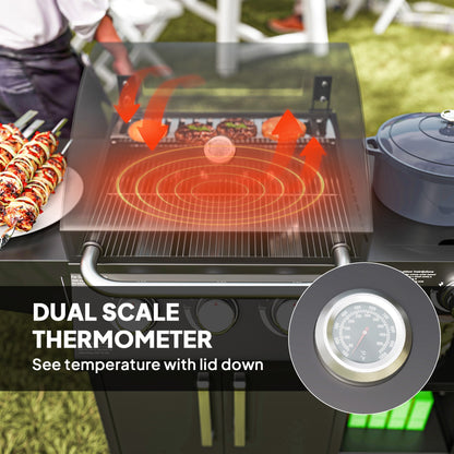 Outsunny 3+1 Burner Gas BBQ Grill with Storage Cabinet and Shelves, 11.6 kW Gas Barbecue Trolley with 6 Castor Wheels, Warming Rack, Thermometer for Outdoor Cooking Garden Party, Black