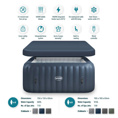 WaveSpa Pacific Inflatable Hot Tub with Integrated Heater – 4–6 Person
