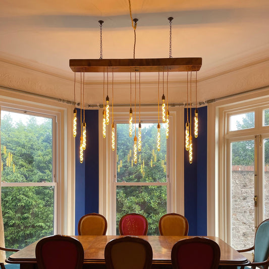 15 Light Oak Beam Chandelier | Large Kitchen Island & Statement Dining Lighting UK - MooBoo Home Cascade Cluster Pendant Chandelier