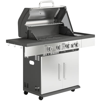 Outsunny 4+1 Burner Gas BBQ Grill, Portable Gas Barbecue Grill with Side Burner, Warming Rack, Side Shelf, Storage Cabinet