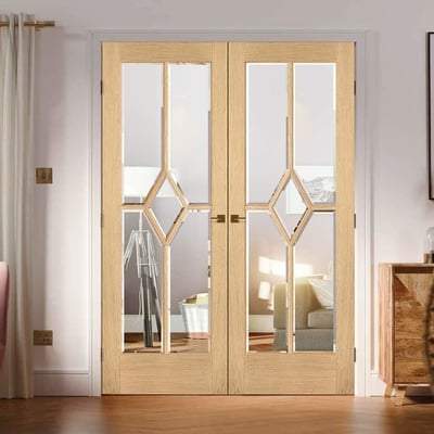 Oak Reims 5 Glazed Clear Panels (Diamond) Pre-Finished Internal French Doors - 1981mm x 1372mm - LPD Doors
