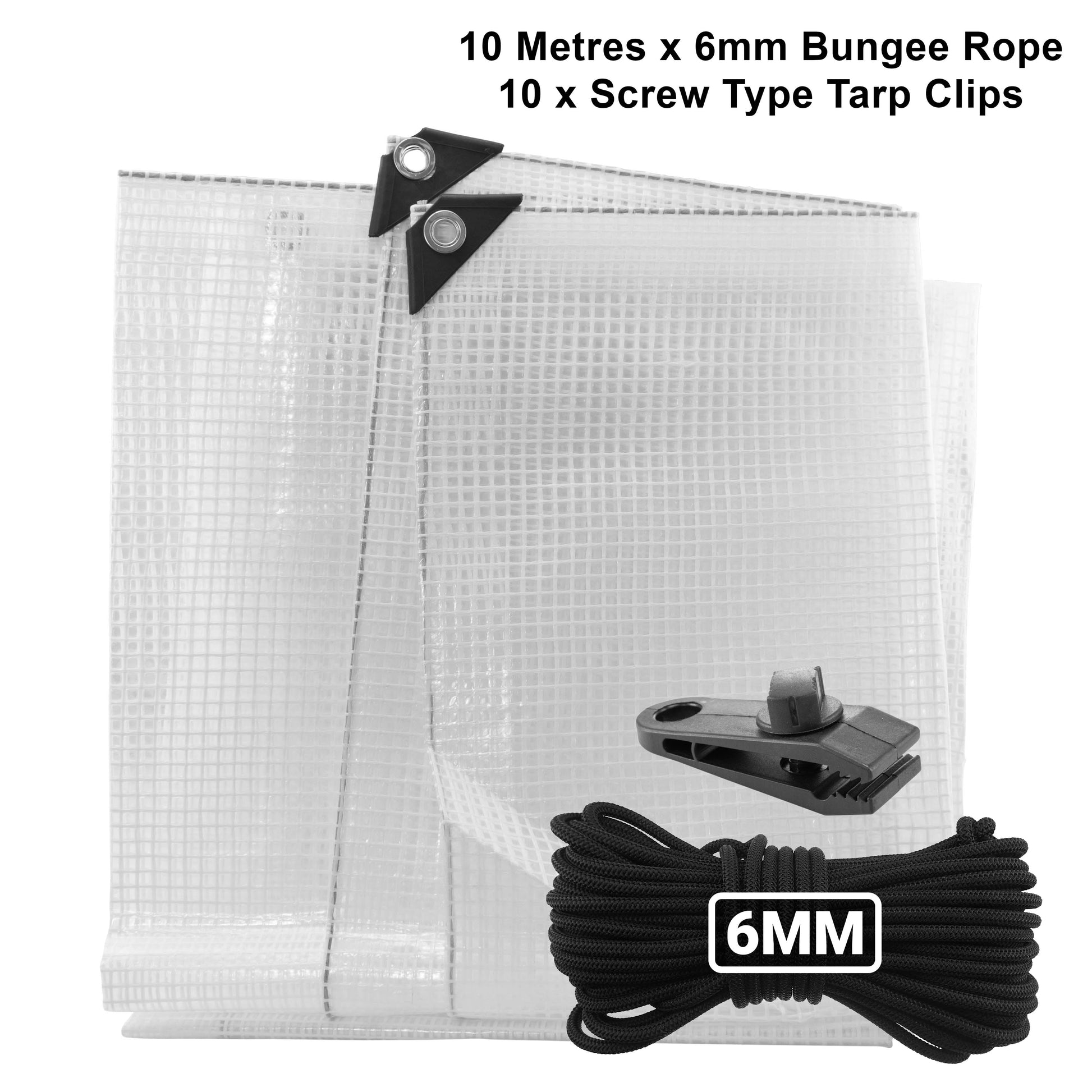Clear M-Grade Tarpaulin with 10m of 6mm Bungee Rope and 10 x Screw Type Tarp Clips - Best4Trade-Retail Tarpaulins