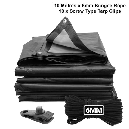 Black/Silver L-Grade Tarpaulin with 10m of 6mm Bungee Rope and 10 x Screw Type Tarp Clips - Best4Trade-Retail Tarpaulins