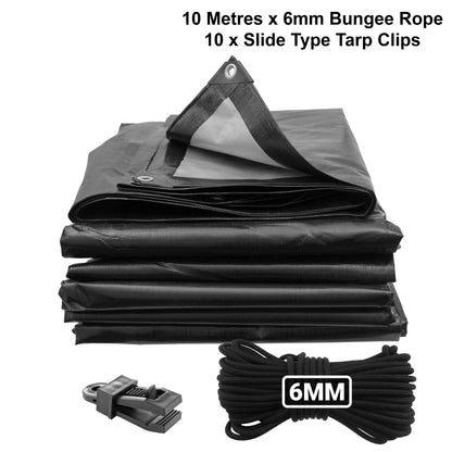 Black/Silver L-Grade Tarpaulin with 10m of 6mm Bungee Rope and 10 x Slide Type Tarp Clips - Best4Trade-Retail Tarpaulins