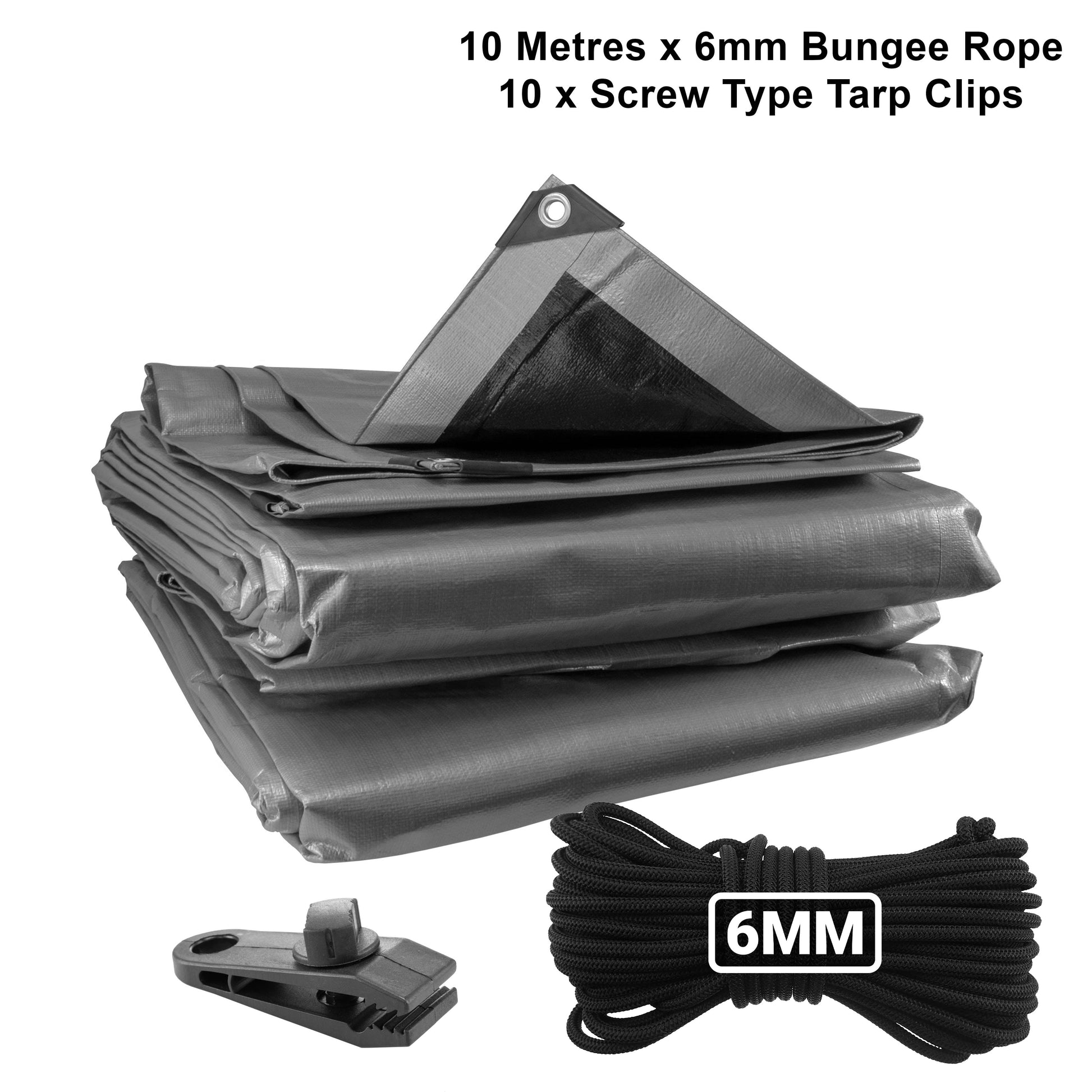 Silver XL-Grade Tarpaulin with 10m of 6mm Bungee Rope and 10 x Screw Type Tarp Clips - Best4Trade-Retail Tarpaulins