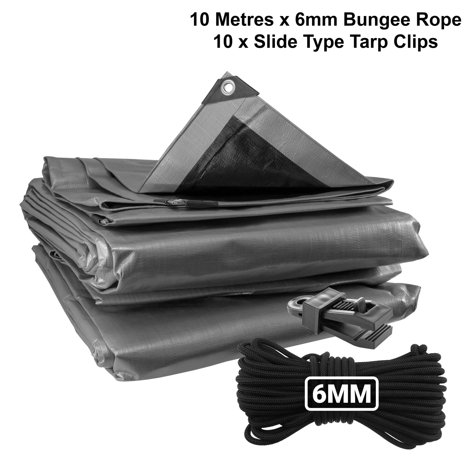 Silver XL-Grade Tarpaulin with 10m of 6mm Bungee Rope and 10 x Slide Type Tarp Clips - Best4Trade-Retail Tarpaulins