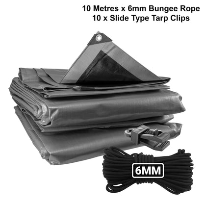 Silver XL-Grade Tarpaulin with 10m of 6mm Bungee Rope and 10 x Slide Type Tarp Clips - Best4Trade-Retail Tarpaulins
