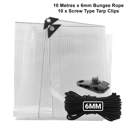 Clear XL-Grade Tarpaulin with 10m of 6mm Bungee Rope and 10 x Screw Type Tarp Clips - Best4Trade-Retail Tarpaulins