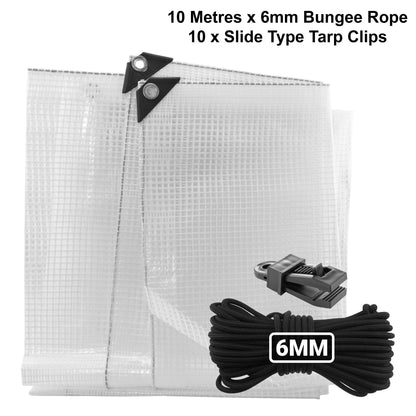 Clear XL-Grade Tarpaulin with 10m of 6mm Bungee Rope and 10 x Slide Type Tarp Clips - Best4Trade-Retail Tarpaulins