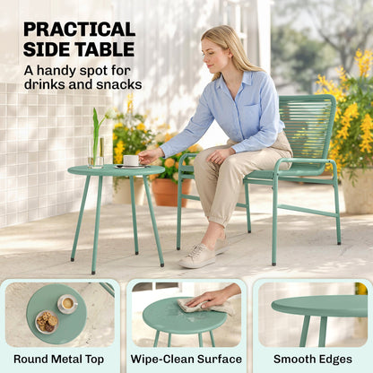 Outsunny 3 Piece Rattan Bistro Set, Outdoor Garden Furniture Set with 2 Chairs, Round Coffee Table for Patio, Balcony, Green