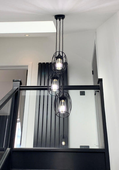 Triple Pendant Light with Cage Shades | Industrial Kitchen Island & Stairwell Lighting