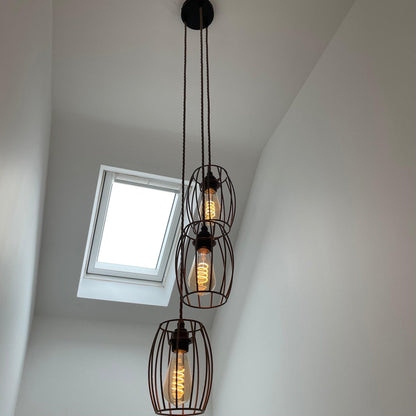 Triple Pendant Light with Cage Shades | Industrial Kitchen Island & Stairwell Lighting