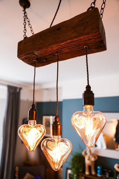 Triple Pendant Light with Heart Bulbs | Oak Kitchen Island & Romantic Dining Lighting UK