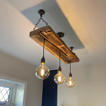 Triple Wooden Beam Chandelier | 3 Pendant Kitchen Island & Dining Lighting UK