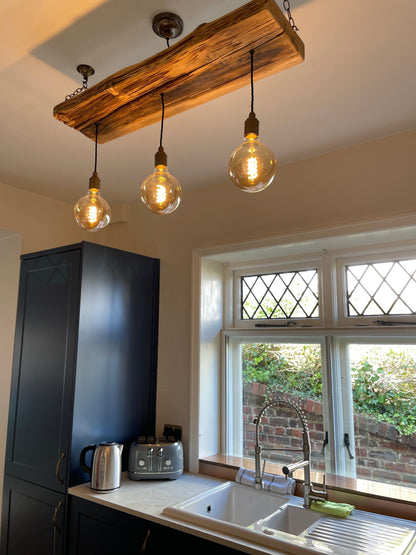 Triple Wooden Beam Chandelier | 3 Pendant Kitchen Island & Dining Lighting UK