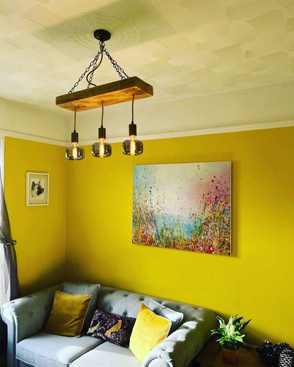 Triple Wooden Beam Chandelier | 3 Pendant Kitchen Island & Dining Lighting UK