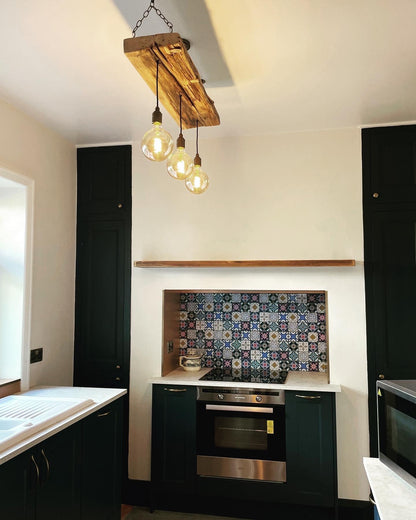 Triple Wooden Beam Chandelier | 3 Pendant Kitchen Island & Dining Lighting UK