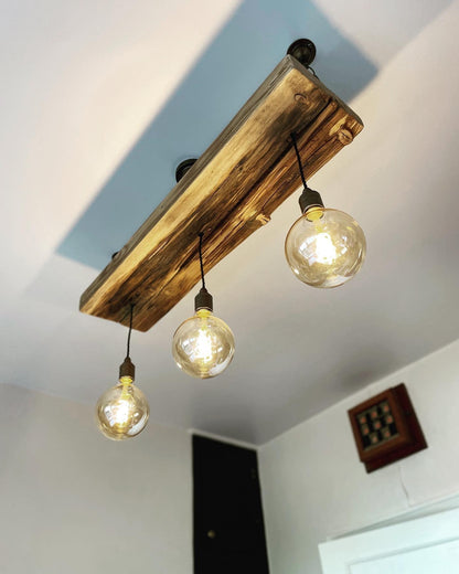 Triple Wooden Beam Chandelier | 3 Pendant Kitchen Island & Dining Lighting UK