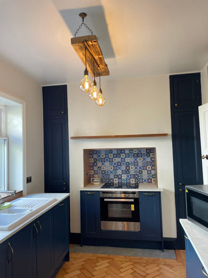 Triple Wooden Beam Chandelier | 3 Pendant Kitchen Island & Dining Lighting UK