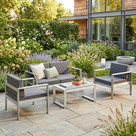 Outsunny 4 Seater Garden Furniture Set, Extra Wide Deep Garden Sofa Set with Olefin Cushions, Brushed Aluminium Frame, Dark Grey