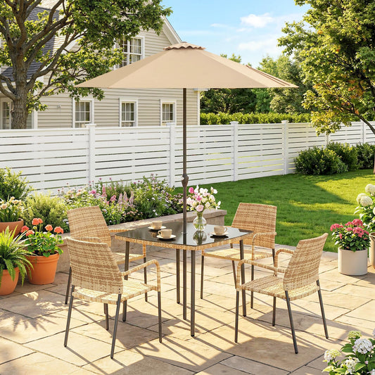 Outsunny 4 Seater Rattan Dining Set with Parasol, 6 Piece Garden Table and Stackable Chairs with Tempered Glass Tabletop