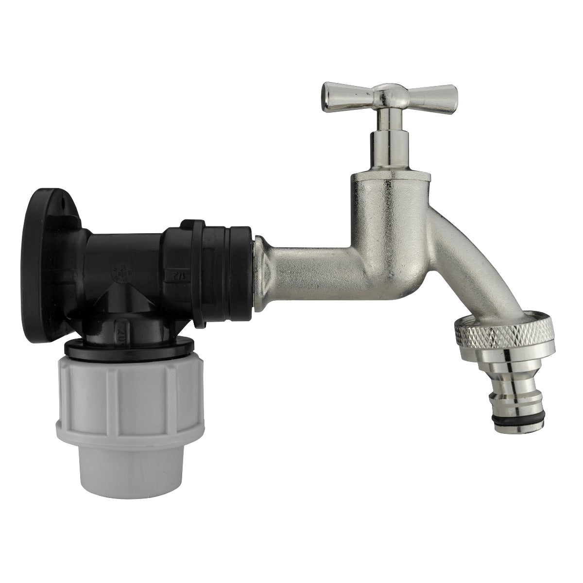 Wall Flange Kit 20mm MDPE + Bib Nickle Tap & Snap On - Best4Trade-Retail Tech Hose & Fittings